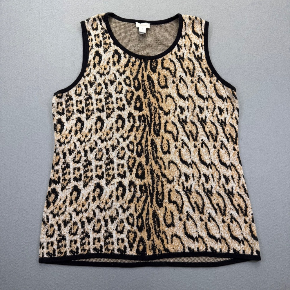Chico's Women Leopard Print Cotton Knit Tank‎ Top Sleeveless Scoop Neck Size 1 M